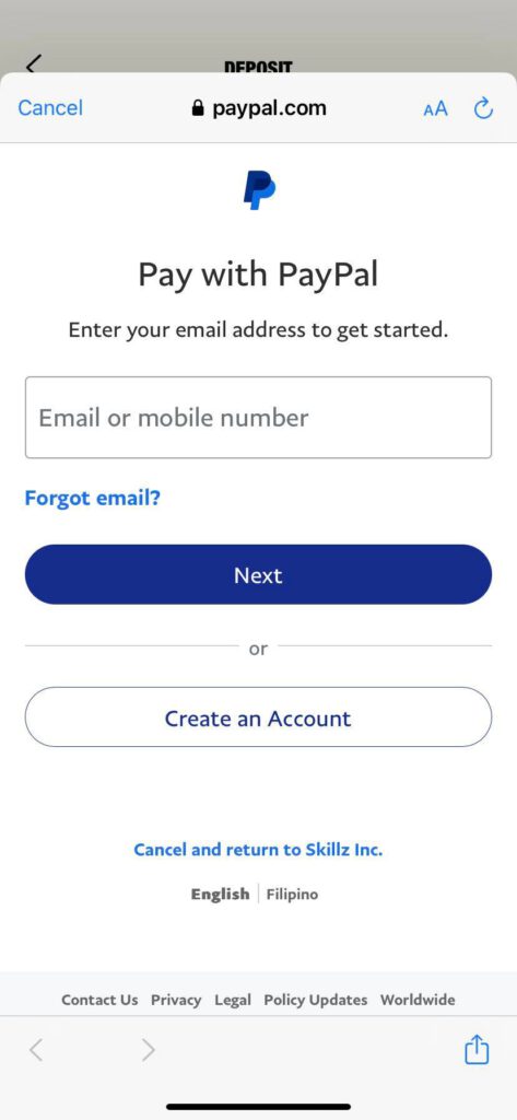Using paypal to deposit to Skillz Game